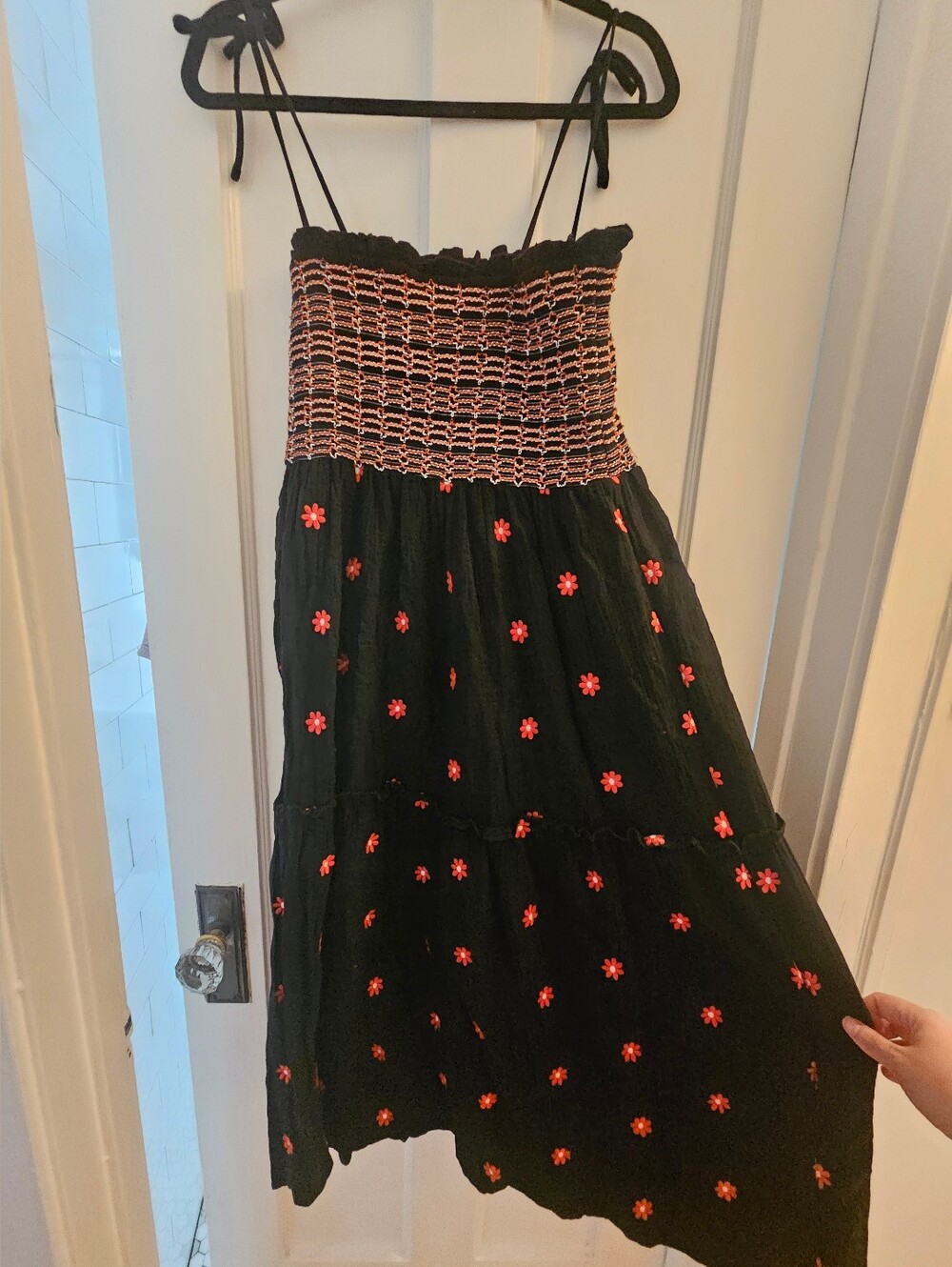 Black 100% Cotton Sundress with Red Floral Embroidery